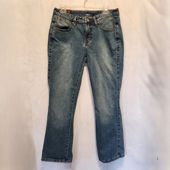 Aura Jeans Faded Medium Wash Women's 8 Short Mid Rise Boot Cut Western Brown Tag - Picture 1 of 7